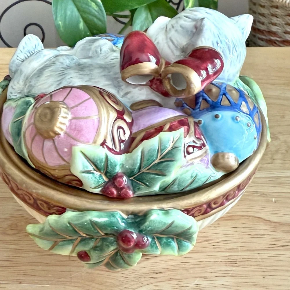 Fitz and Floyd Kristmas Kitty Lidded Box Candy Dish Trinket Jar Holiday Decor
